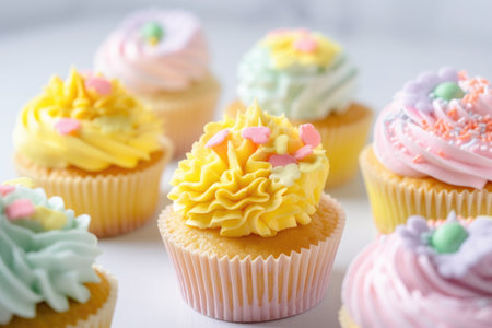 colorful and pastel cupcakes for springtime or baby shower, created with generative aiの素材