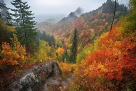 autumn forest hike with colorful foliage and misty mountain view, created with generative aiの素材