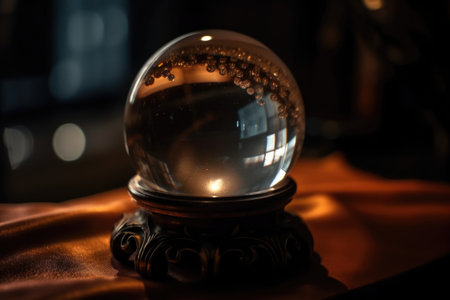 close-up of the crystal ball with mysterious and magical light shining through, created with generative aiの素材