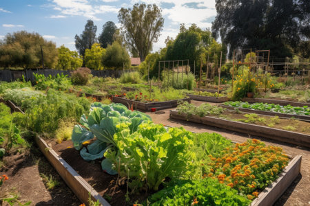 community garden with rows of vegetables and herbs, ready for harvest, created with generative aiの素材