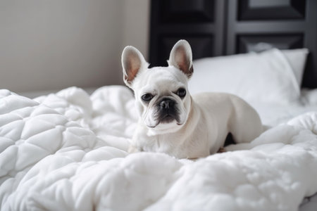luxury pet bed with pillow, blanket and toy on fluffy white duvet, created with generative aiの素材