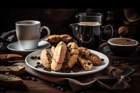 plate of cookies and biscotti with hot cup of coffee, created with generative aiの素材