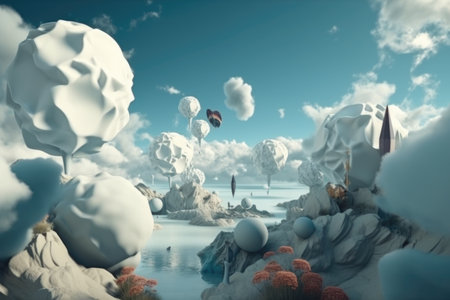 dreamlike world with surreal and unexpected elements, including flying objects among the clouds, created with generative aiの素材