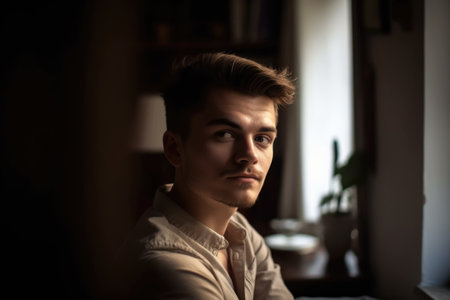 portrait of a young man relaxing at home, created with generative aiの素材