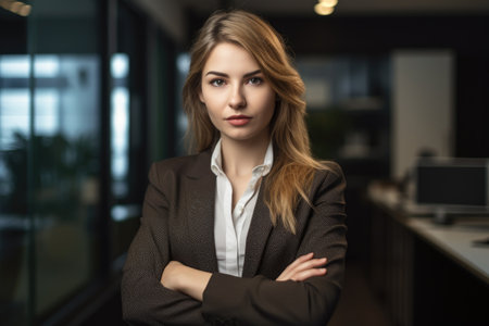 portrait of a confident young businesswoman standing in an office, created with generative aiの素材