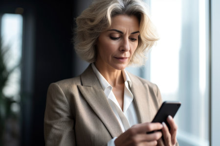 cropped shot of a mature businesswoman using her cellphone in the office, created with generative aiの素材