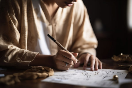 cropped shot of a young woman practicing calligraphy, created with generative aiの素材