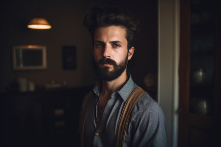 portrait of a handsome man standing in his home, created with generative aiの素材