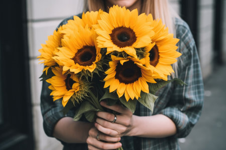 cropped shot of an unrecognizable woman holding a bunch of sunflowers, created with generative aiの素材