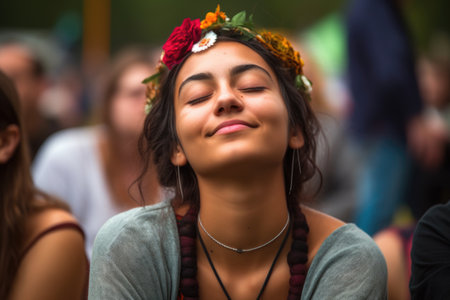 a pretty young student with her eyes closed enjoying music at a festival, created with generative aiの素材