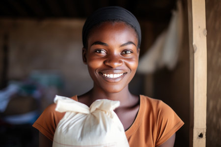a young woman smiling at the camera while holding a paper bag, created with generative aiの素材