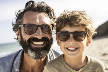 happy father and his smiling son enjoying a day at the beach, created with generative aiの素材