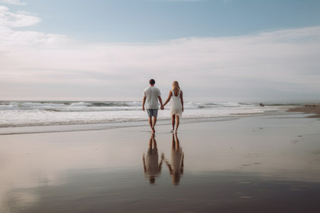 rearview shot of a young couple walking together on the beach, created with generative aiの素材