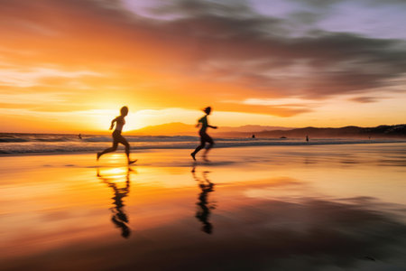 multiple exposure shot of two people running on the beach at sunset, created with generative aiの素材