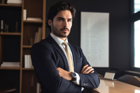 portrait of a handsome young businessman standing in his office, created with generative aiの素材