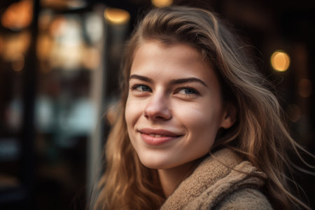 a young woman smiling while looking at something off camera, created with generative aiの素材