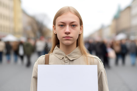 a young woman holding a blank placard in front of herself, created with generative aiの素材