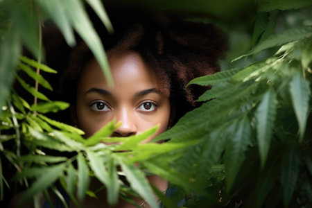a young ethnic woman with her face hidden behind a plant, created with generative aiの素材