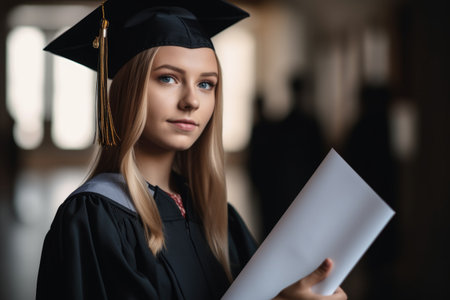 cropped shot of a young university graduate holding her diploma, created with generative aiの素材