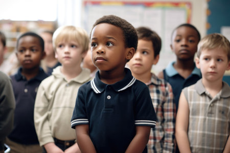 a young boy standing in class with his classmates, created with generative aiの素材