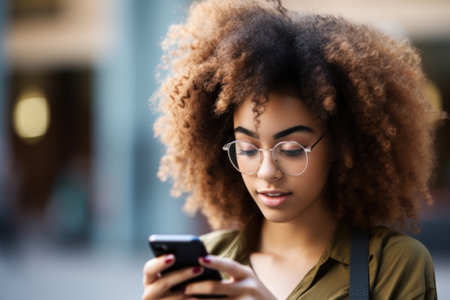 cropped shot of a beautiful young university student reading text messages on her phone, created with generative aiの素材