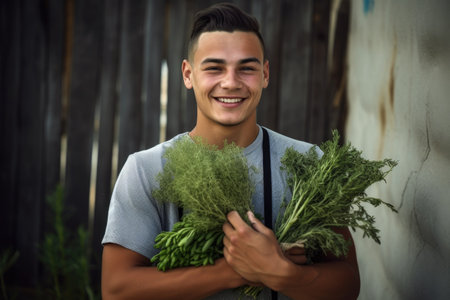 young man smiling while holding a bunch of fresh herbs, created with generative aiの素材