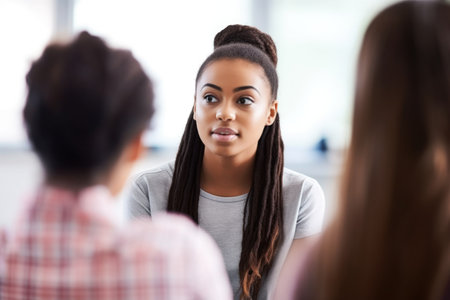 shot of a confident young woman engaging in discussion with her classmates, created with generative aiの素材