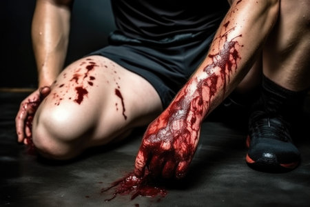 fitness, sports and hands with blood on leg in training injury accident, exercise or workout, created with generative aiの素材