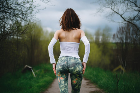 rearview shot of a young woman doing yoga outdoors, created with generative aiの素材