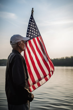 shot of a man holding an american flag with the lake in the background, created with generative aiの素材