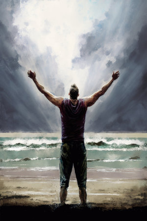 shot of a man standing on the beach with his arms raised, created with generative aiの素材