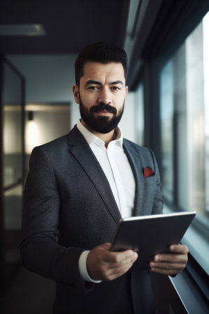 cropped shot of a man holding up a digital tablet while working in an office, created with generative aiの素材