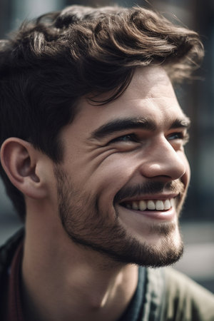 cropped image of a man smiling and looking away, created with generative aiの素材