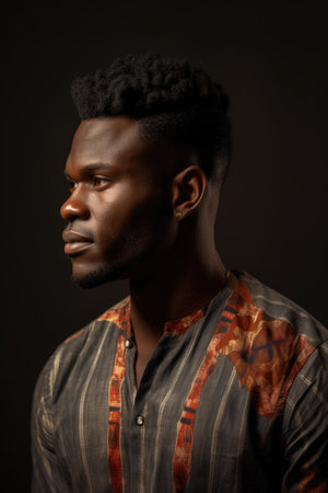 studio shot of a handsome african man looking away and holding copyspace, created with generative aiの素材