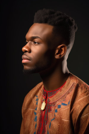 studio shot of a handsome african man looking away and holding copyspace, created with generative aiの素材
