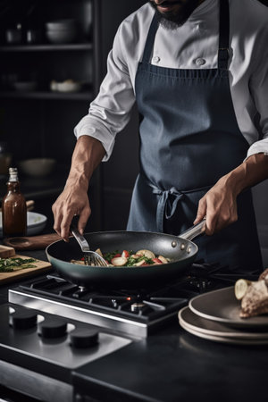 cropped shot of a man cooking for himself at home, created with generative aiの素材