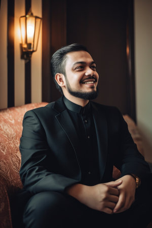 a muslim businessman smiling while sitting at home with colleagues, created with generative aiの素材
