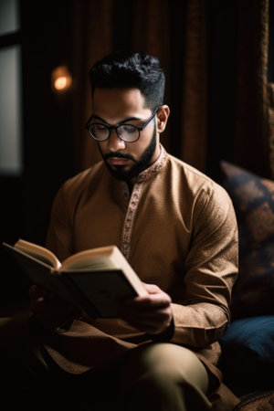 shot of an ethnic man reading a book at home, created with generative aiの素材