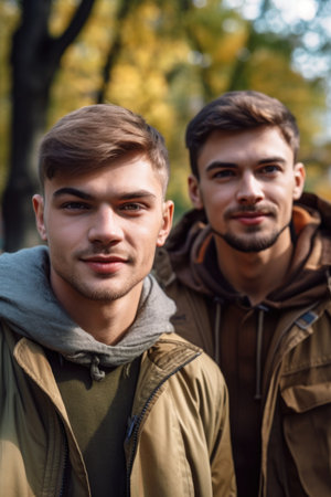 portrait of two young men spending a day in the park, created with generative aiの素材