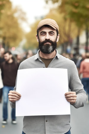 cropped shot of a man holding up a blank sign, created with generative aiの素材