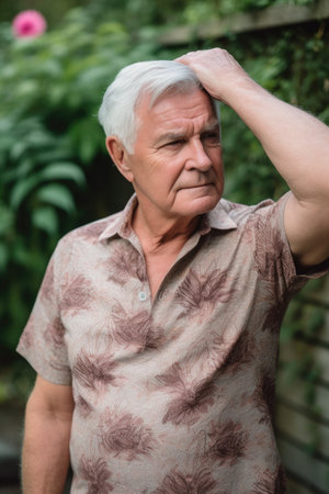 a mature gay man standing outside with his hand on his forehead, created with generative aiの素材