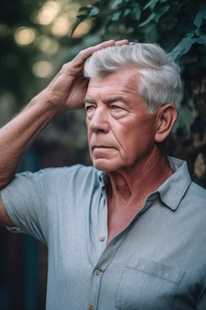 a mature gay man standing outside with his hand on his forehead, created with generative aiの素材