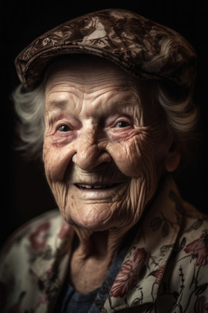 conceptual portrait of an elderly woman smiling happily, created with generative aiの素材