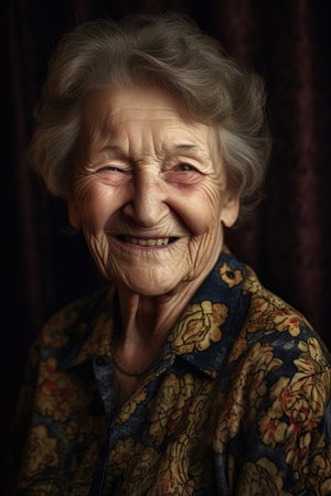 conceptual portrait of an elderly woman smiling happily, created with generative aiの素材
