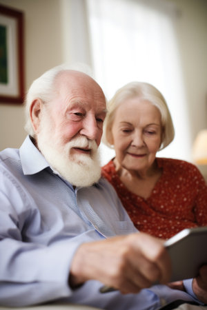 portrait of a senior man using his digital tablet while relaxing with his wife, created with generative aiの素材
