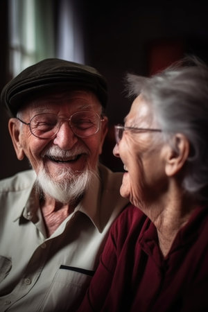 happy senior couple, love and smile in retirement home living room together you feel relaxed, created with generative aiの素材