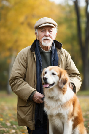 a senior man and his dog in the park, created with generative aiの素材