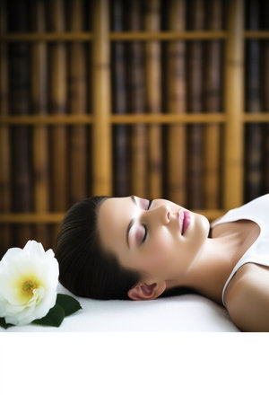 shot of a woman lying on a massage table at a spa, created with generative aiの素材