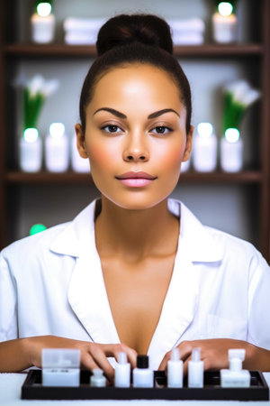 shot of a young woman relaxing with facial treatments at a spa, created with generative aiの素材