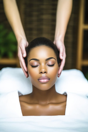 shot of a young woman enjoying a massage at the spa, created with generative aiの素材
